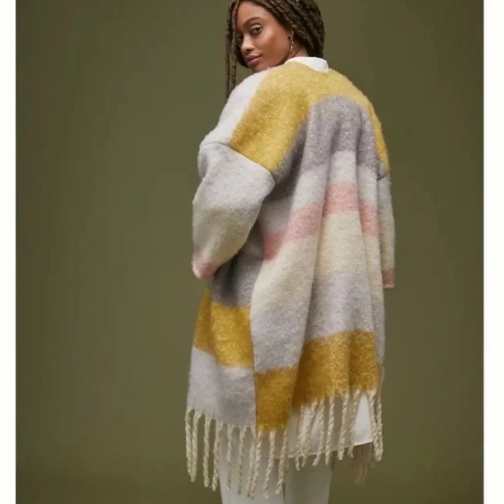 Anthropologie Striped Knit Fringe Trimmed Kimono